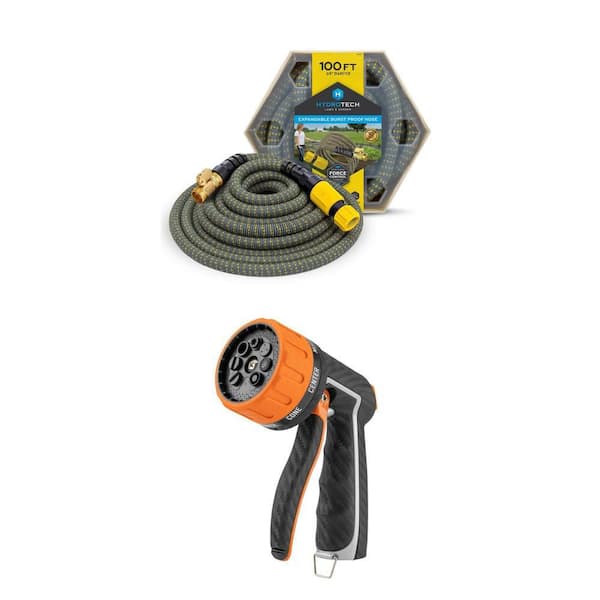 5/8 in. x 100 ft. Expandable Garden Hose and Heavy Duty Front Trigger 8 Multi-Pattern Hose Nozzle Set (2-Piece)