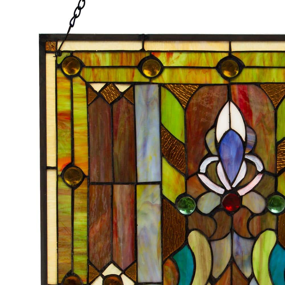 Multicolor Stained Glass Fleur de Lis Window Panel with Chain