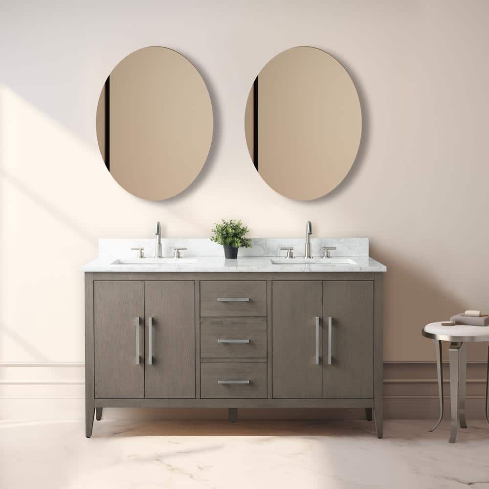 60" Driftwood Gray MDF Double Sink Freestanding Vanity with White Marble Top