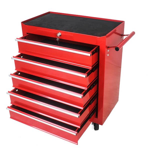 13 in. 5 Drawer Tool Chest, Side Tool Cabinets for Garage Storage with 4 Wheels and Locking System, Red