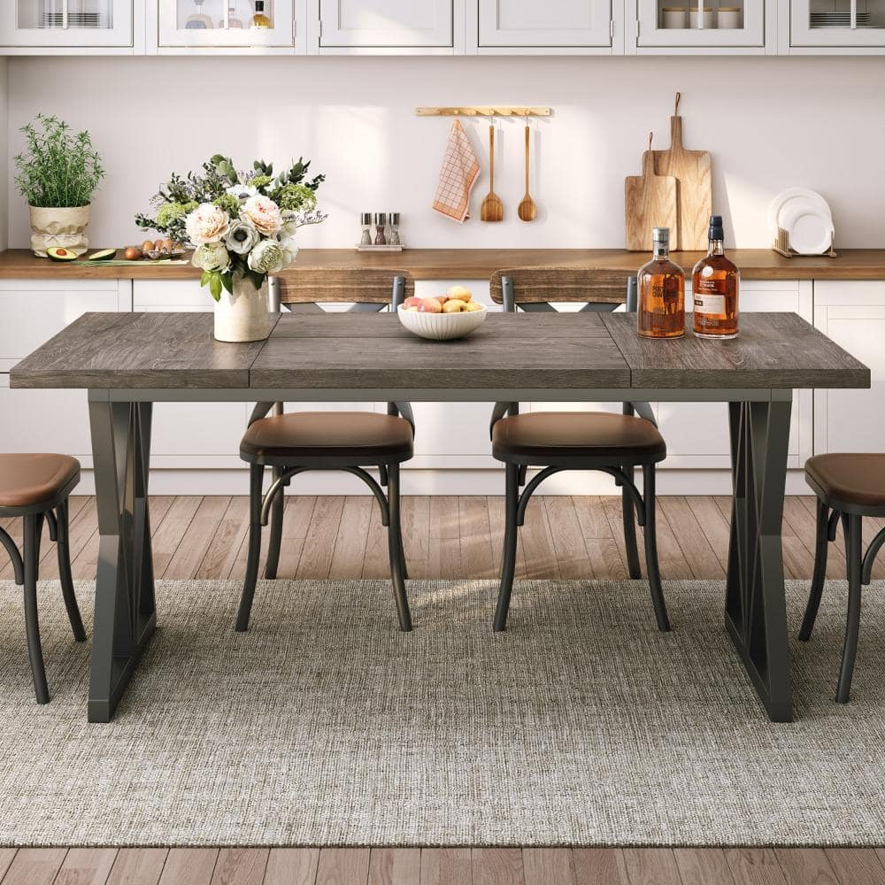 70" Rustic Dining Table, Industrial Metal X-Frame with Vintage Wood Top, Gray