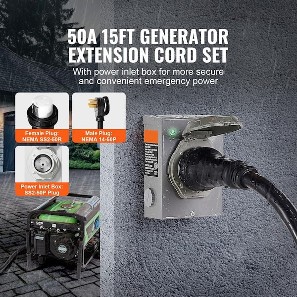 15 ft. 50 Amp 125/250 V Generator Cord Kit NEMA 14-50P/SS2-50R, Twist Lock, STW 6/3+8/1 AWG Generator Extension Cord