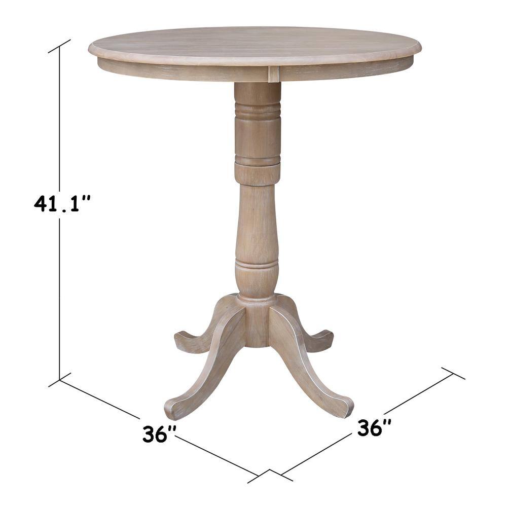 Weathered Gray Solid Wood Bar Height Dining Set with Round Pedestal Table and Cross Back Stools