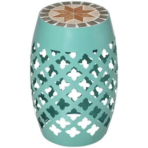 Blue Round Metal Outdoor Side Table, Garden Mosaic Accent Side Table for Poolside, Patio, Garden and Deck