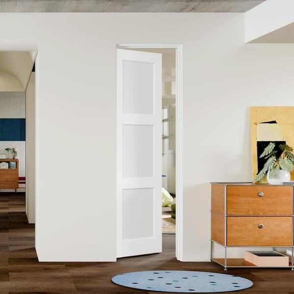28 in. x 80 in. 3 Panel, White Primed, Composite Prehung Interior Door Left-Handed with Door Jamb and Hardware Kit