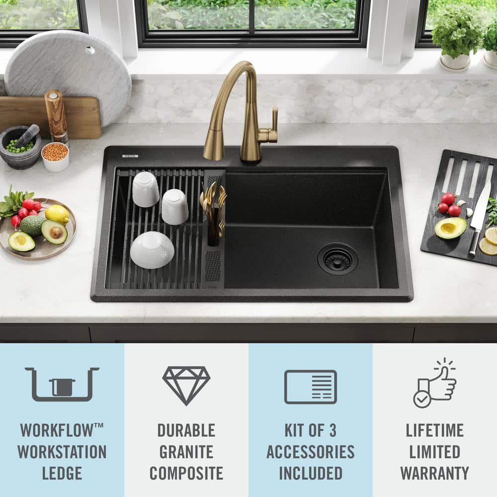 Metallic Black Granite Composite Single Bowl Workstation Sink