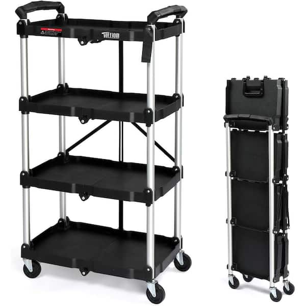 Plastic Foldable 4-Tier Utility Carts in Black with Brake