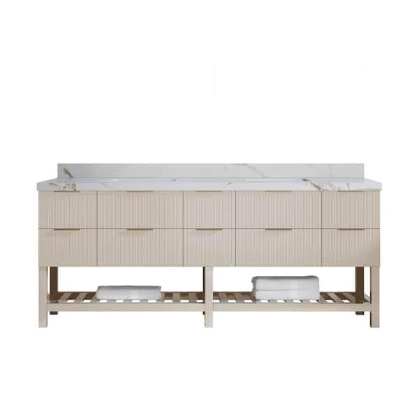 Willow Collections Catalina 84 in. Double Sink Freestanding Fine Grain Bath Vanity with Calacatta Gold Qt. Top Unassembled