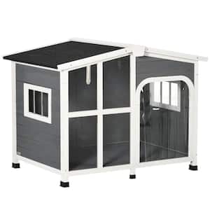 Cabin-Style Wooden Dog House for Large Dogs Outside with Openable Roof & Giant Window, Gray