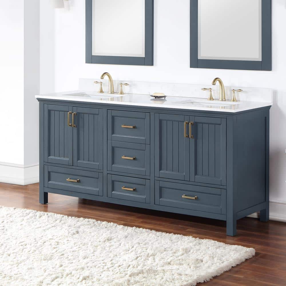 Isla 72" Classic Blue Double Sink Bathroom Vanity with White Stone Top