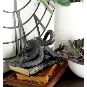 Black Polystone Octopus Sculpture with Long Tentacles and Suctions Detailing