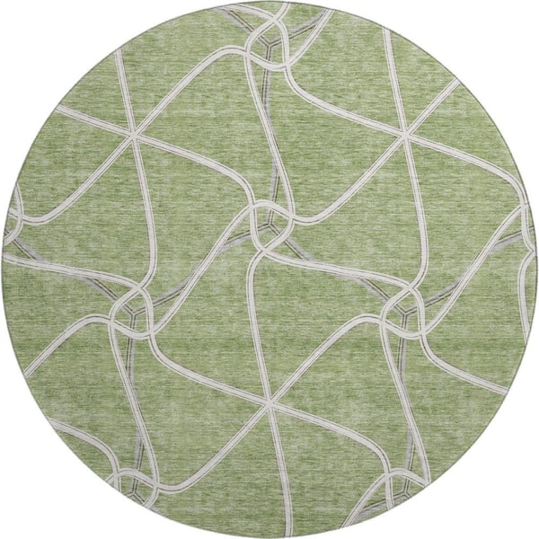 Mayfield Premium Machine Washable Abstract AMF948 Aloe 8 ft. x 8 ft. Round Rug