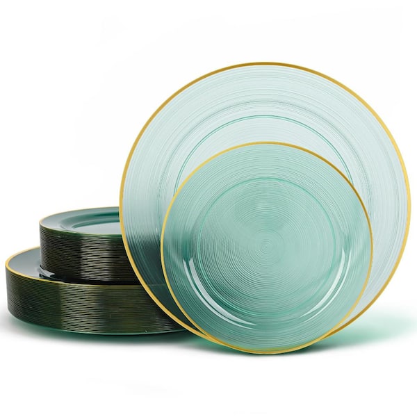 Green Plastic Plates with Gold Rim, 120-Pack, Heavy-Duty Disposable Dinnerware for Parties and Weddings