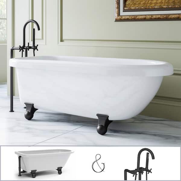 PELHAM & WHITE Laughlin 60 in. Acrylic Clawfoot Bathtub in White, Cannonball Feet, Floor-Mount Faucet in Matte Black