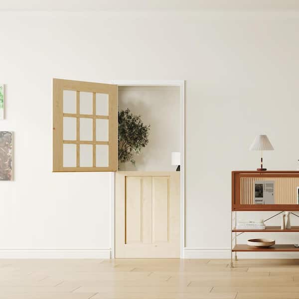 32 in. x 80 in. 9 Lite Frosted Glass Solid Core Natural Pine Wood Finished Interior Dutch Door, Single Split Door Slab