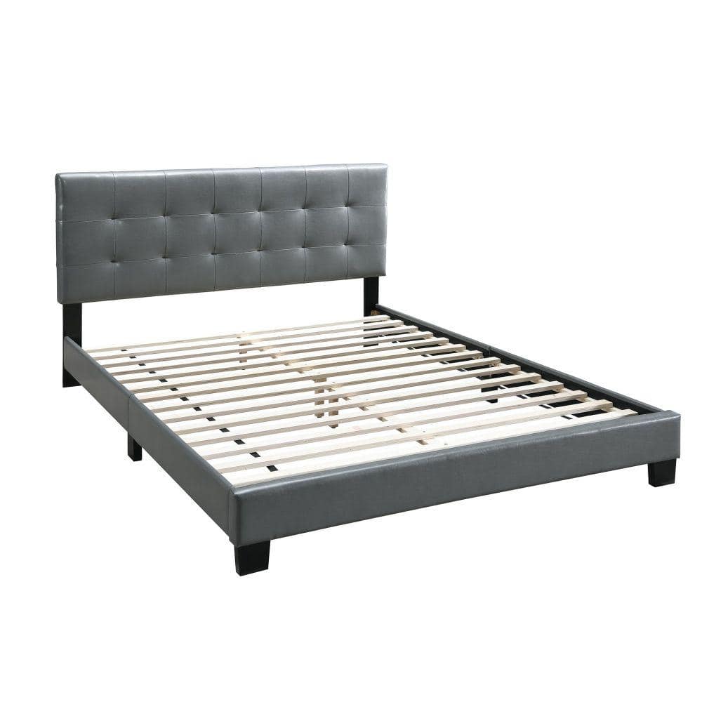 Benjara Gray Wooden Frame Queen Platform Bed with Checkered Tufted Headboard -  BM232015