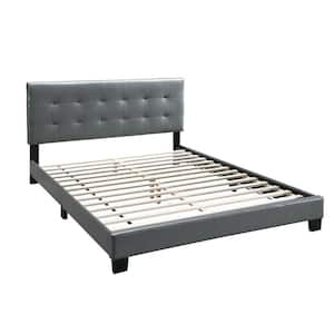 Gray Wooden Frame Queen Platform Bed with Checkered Tufted Headboard