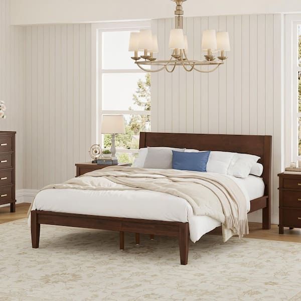 Nami Dark Walnut Brown Solid Wood Frame Queen Size Platform Bed with Headboard Wood Slat Support,Easy Tool-Free Assembly