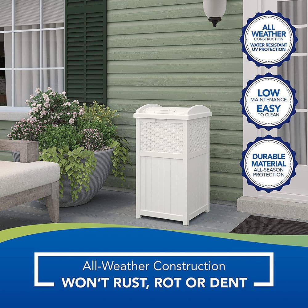 33 Gallon White Polypropylene Wicker Outdoor Trash Bin