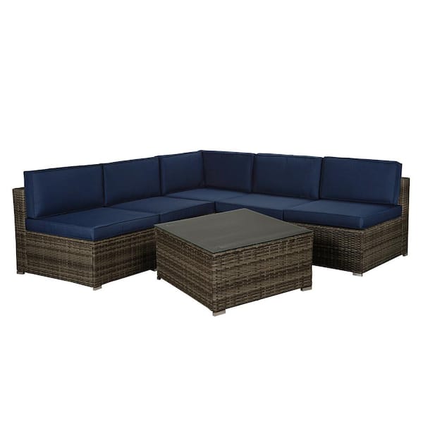 Willit Gray 6-Piece Wicker Patio Conversation Sectional Seating Set with Navy Cushions