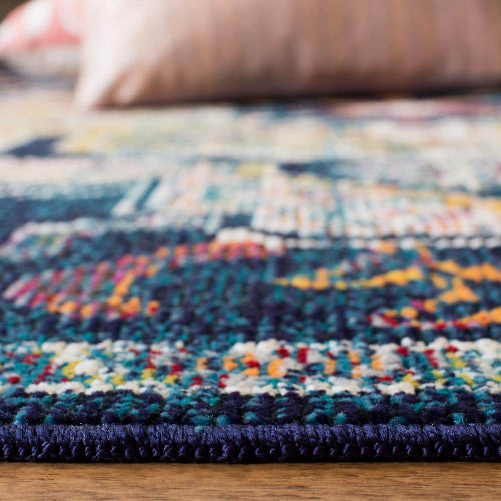 Navy and Fuchsia Floral Synthetic Area Rug