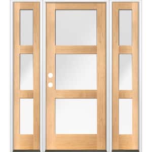 64 in. x 80 in. Modern Douglas Fir 3-Lite Right-Hand/Inswing Frosted Glass Clear Stain Wood Prehung Front Door w/ DSL