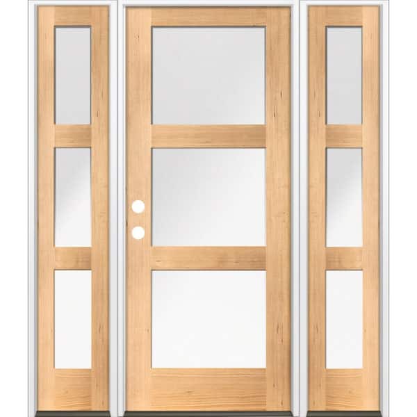 Krosswood Doors 64 in. x 80 in. Modern Hemlock 3-Lite Right-Hand/Inswing Frosted Glass Clear Stain Wood Prehung Front Door w/ DSL