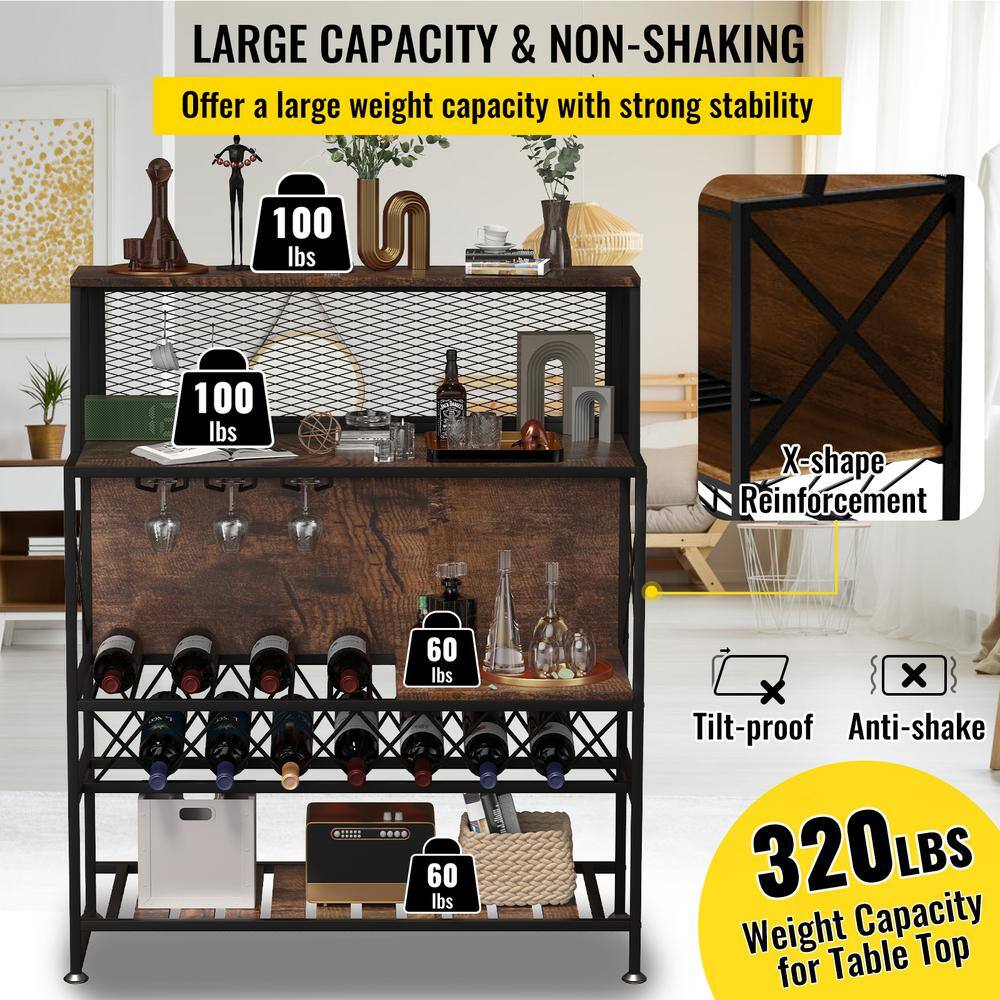 Rustic Brown Industrial Wine Rack Bar Table with Glass Holder