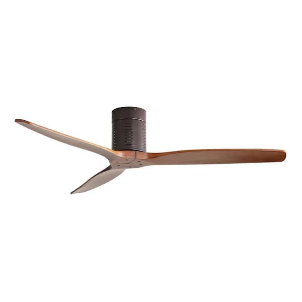 52 in. Indoor Brown Flush Mount Ceiling Fan with Remote Included, Solid Wood Blades and Reversible Motor