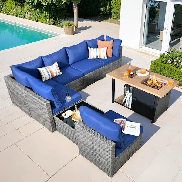 Messi Gray 8-Piece Wicker Outdoor Patio Conversation Sectional Sofa Set with a Storage Fire Pit and Navy Blue Cushions
