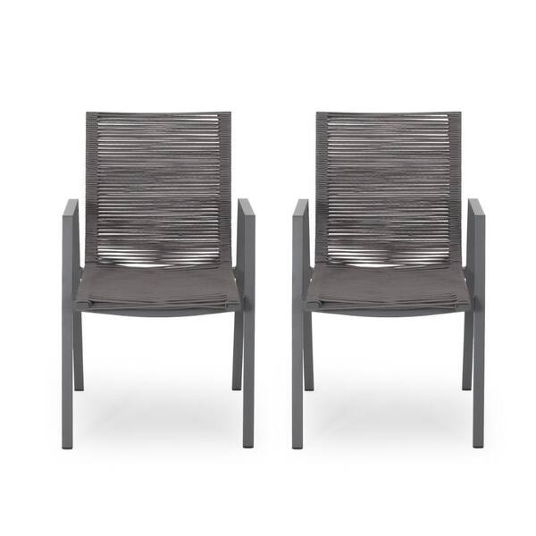 Gray Metal Frame Outdoor Dining Chair with Gray Cushion (Set of 2)