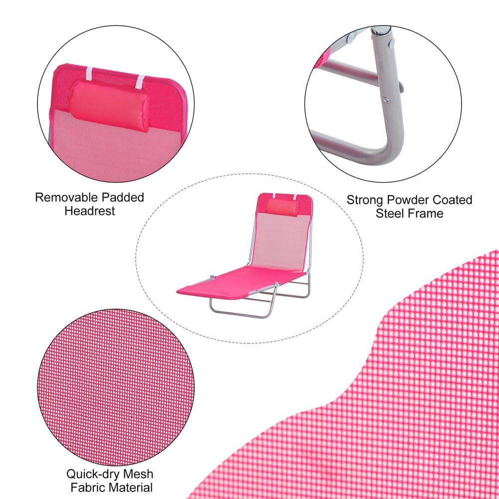 Outsunny Portable Mesh Chaise Lounge Chair, 5-Position Reclining, Pink & Silver