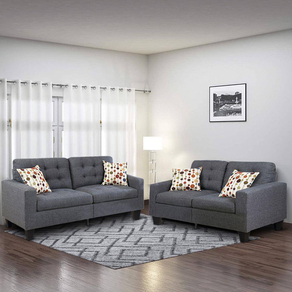 Gray Linen 2-Piece Sofa Set with Accent Pillows