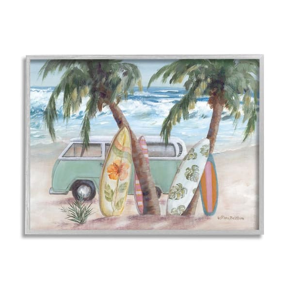 Stupell Industries Summer Waves Tropical Van Surfboards by Pam Britton 1-Piece Gray Framed Nature Giclee Art Print 14 in. x 11 in.