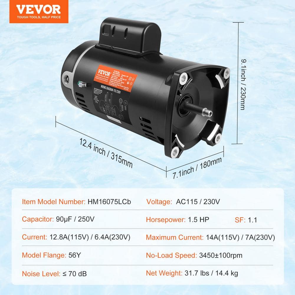 VEVOR Black Steel 1.5 HP Pool Pump Motor