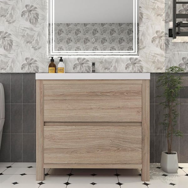 Louis 36 in. W x 20 in. D x 35 in. H Single Sink Freestanding Bath Vanity in White Oak with White Acrylic Top