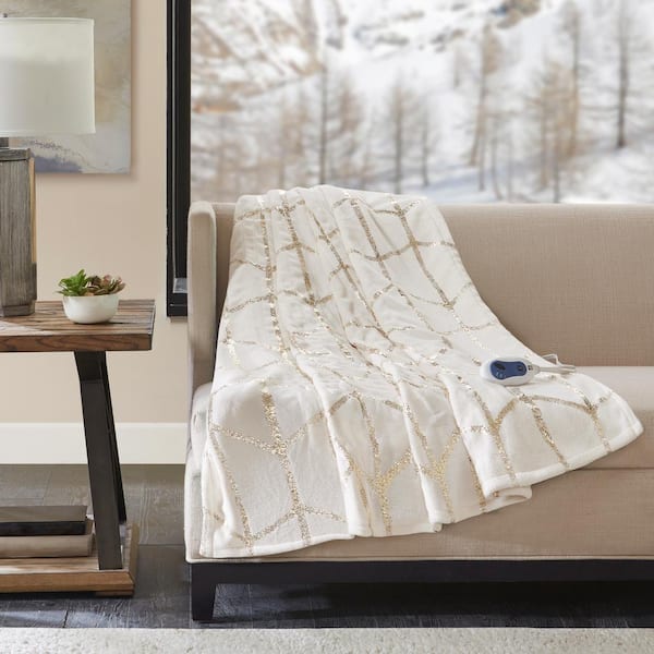 Unbranded Khloe Ivory 50 in. x 60 in. Heated Metallic Print Throw