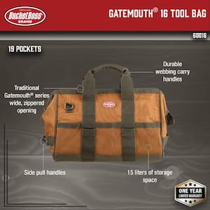 Gatemouth 16 in. Tool Bag in Brown and Green with 16 Pockets