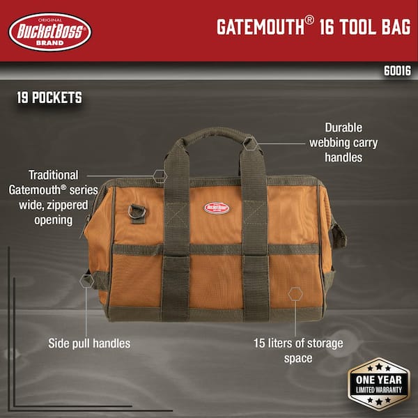 Gatemouth 16 in. Tool Bag in Brown and Green with 16 Pockets