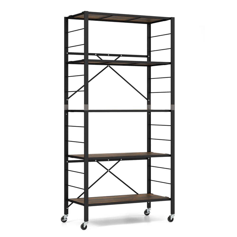 5-Tier Black Kitchen Cart with Detachable Wheels and Anti-Toppling System