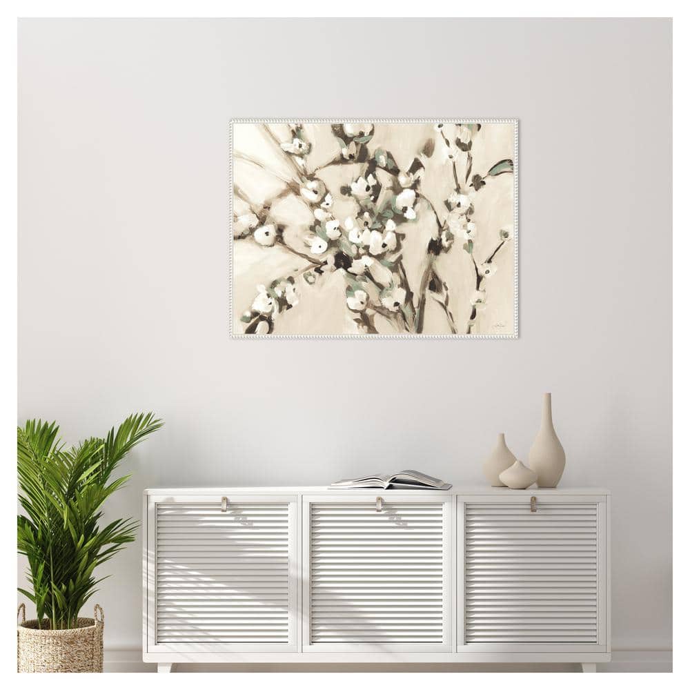 Wild Floral Branches Neutral Canvas Art with White Beaded Frame
