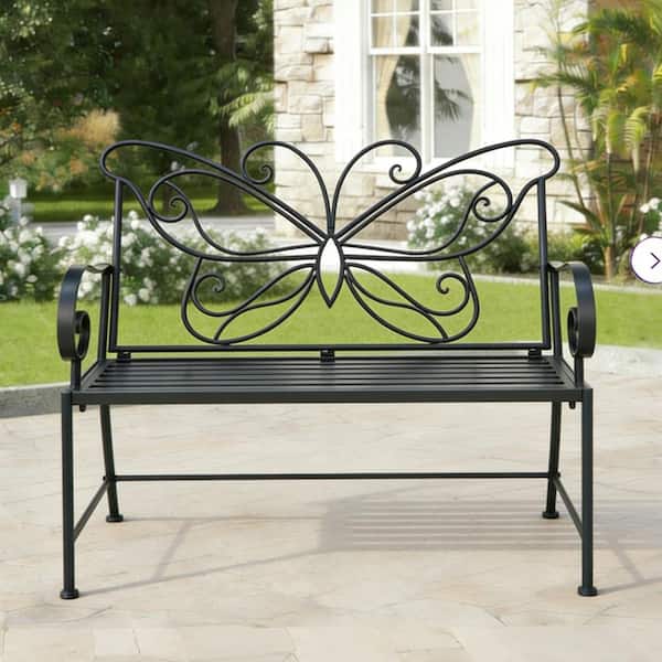 42 in. Black Steel Metal Outdoor Bench Butterfly Design