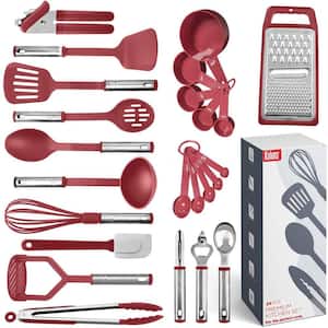 24-Piece Red Nylon and Stainless Steel Kitchen Utensil Set with Measuring Cups and Cooking Tools