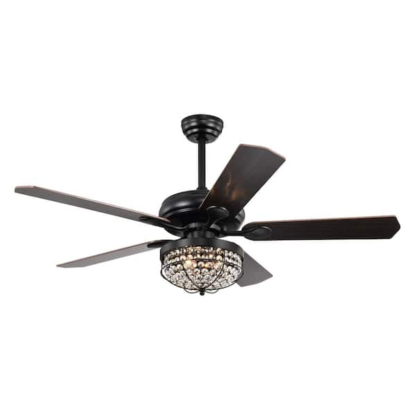 HKMGT Modern 52 in. Indoor Black Ceiling Fan with Crystal Lampshade, 2-Color-Option Blades and Remote Included