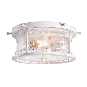 2-Light Antique White Flush Mount with Caged Glass Shade
