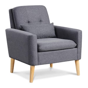 Grey Linen Fabric Mid-century Modern Accent Chair Reading Armchair with Lumbar Pillow