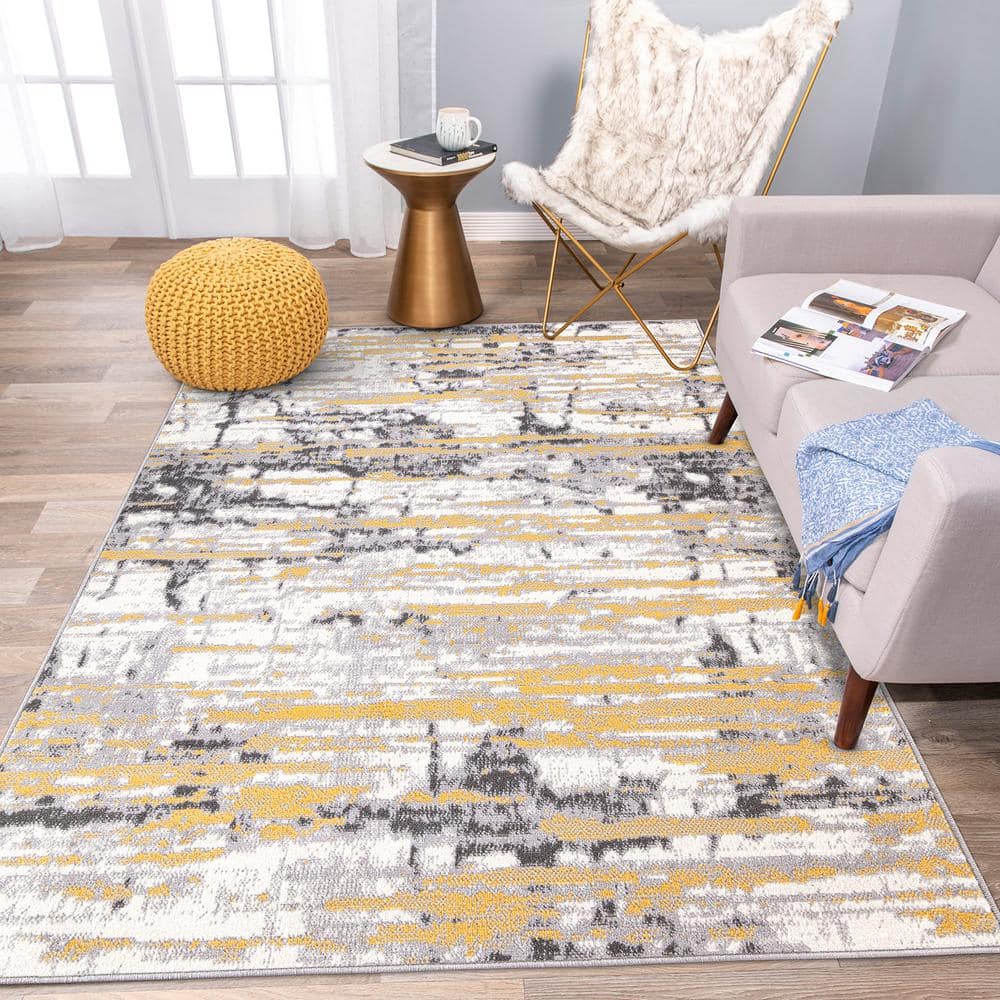 Yellow and Gray Abstract 8' x 10' Synthetic Area Rug