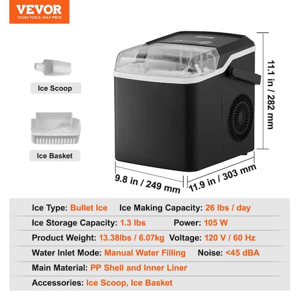 VEVOR Countertop Ice Maker 33 lb./24 H Self-Cleaning Portable Ice Maker 2  Ways Water Refill Ice Machine with 2 Size Bullet Ice ZDBTMSZB33LBSD7FDV1 -  The Home Depot