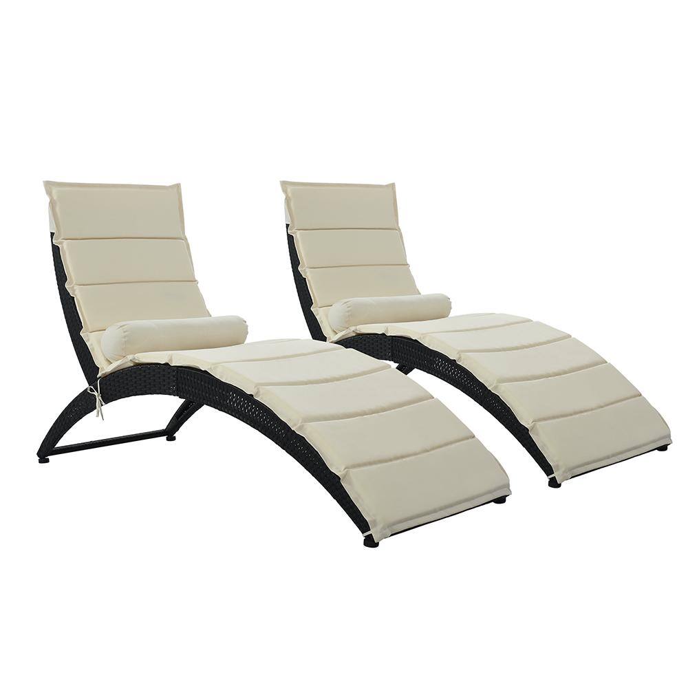 2-Piece Wicker Outdoor Foldable Chaise Lounge with Beige Cushion and Bolste