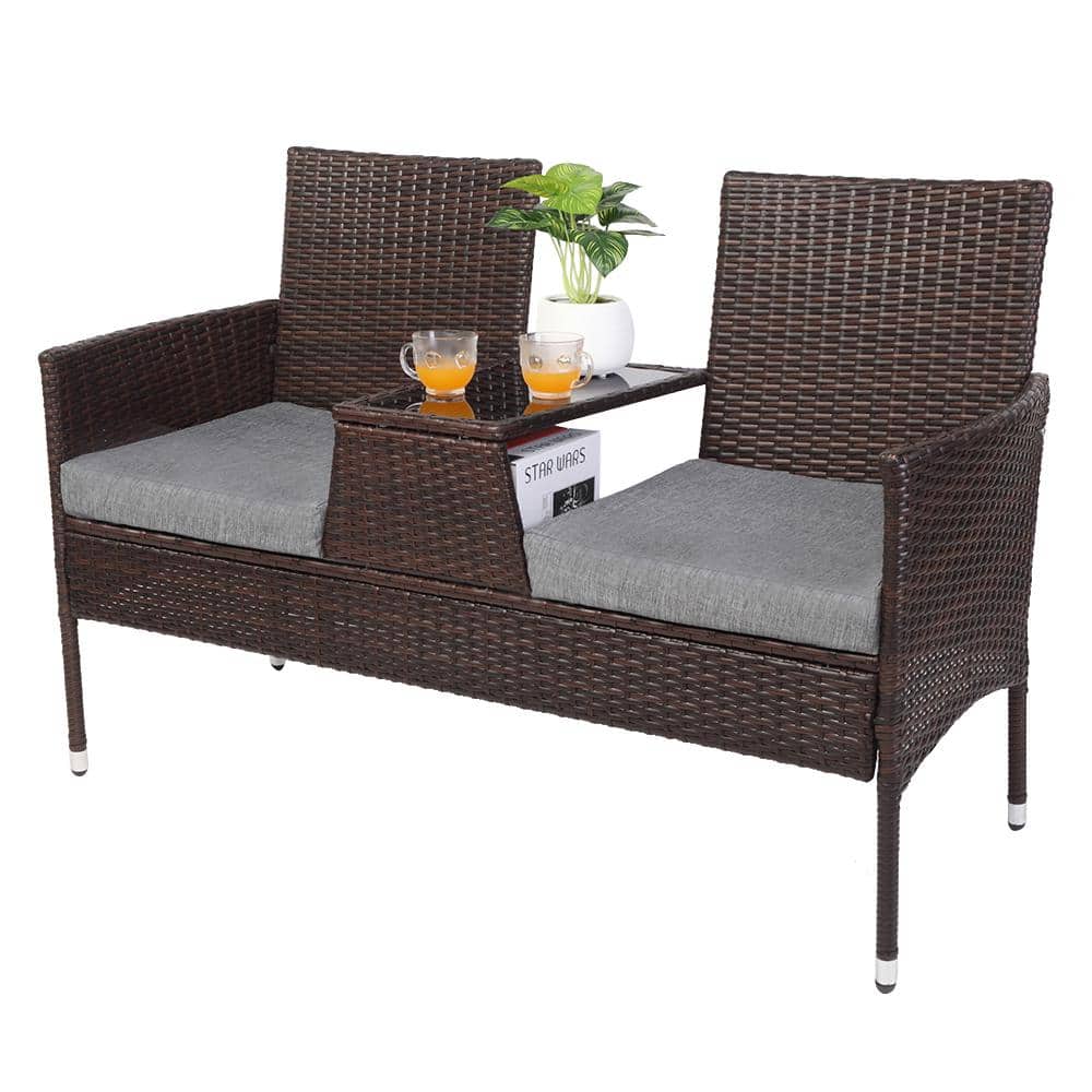 VINGLI Brown Wicker Outdoor Loveseat with Gray Cushions and Built in